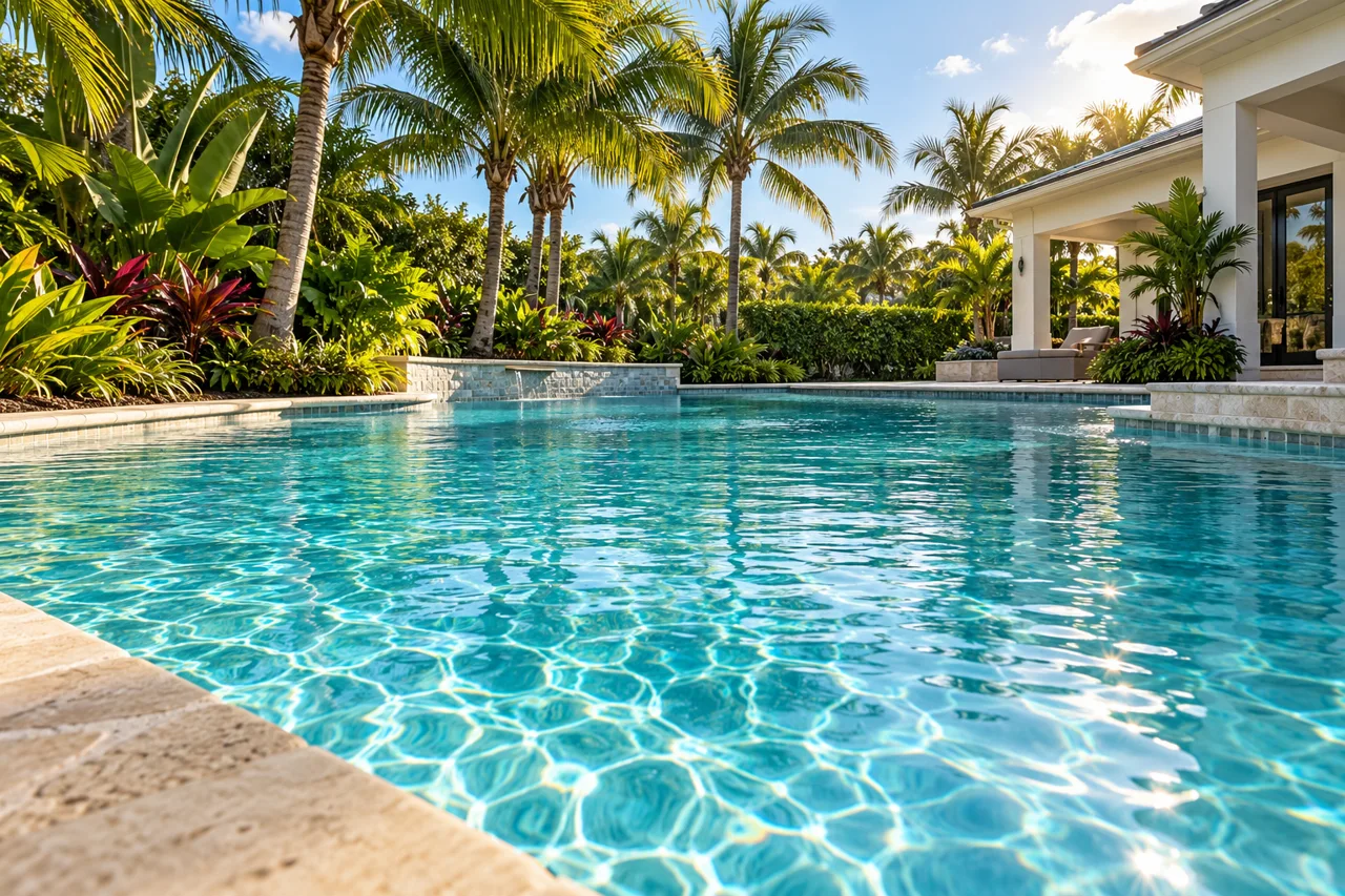 Clear turquoise swimming pool framed by palms and pale stone decking
